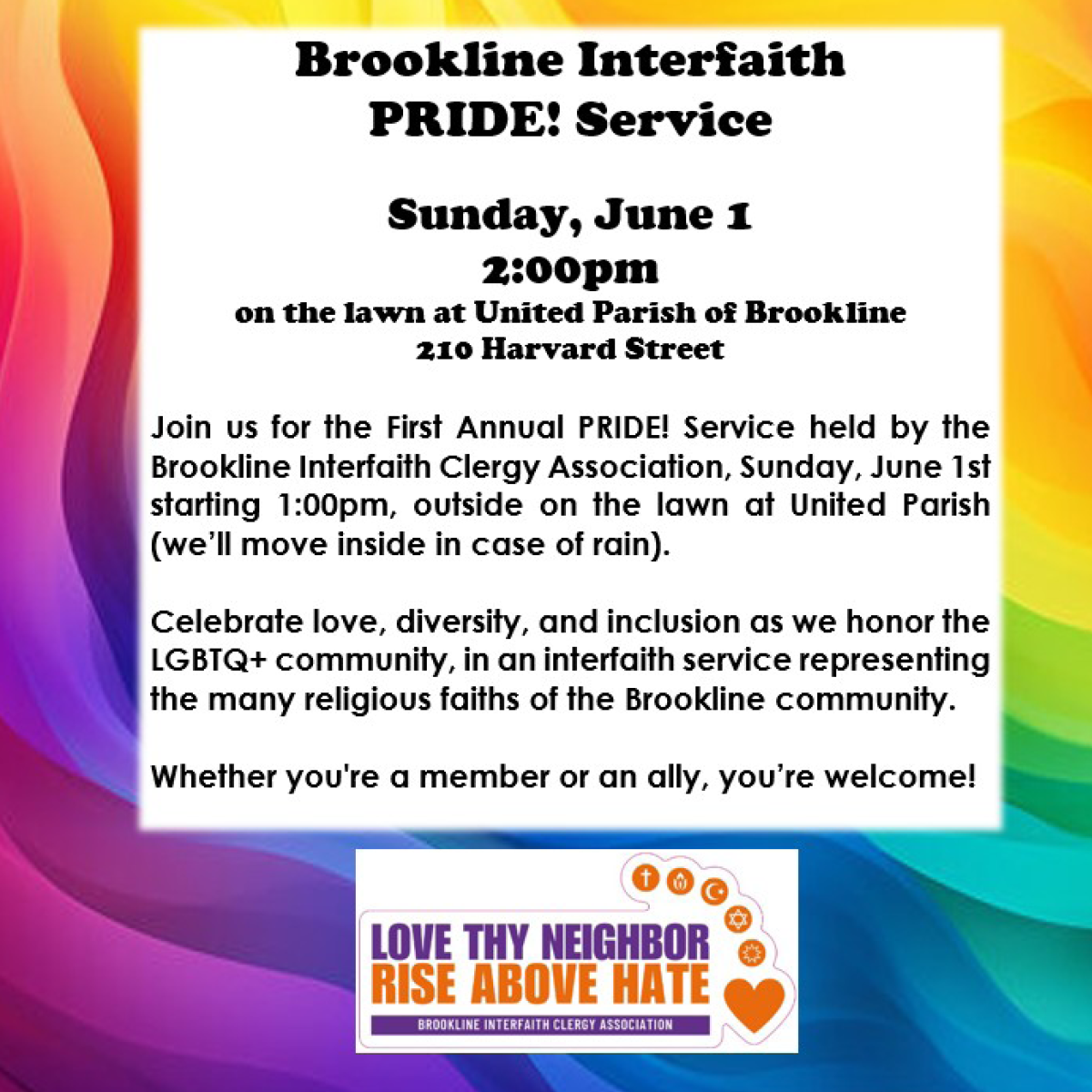 Brookline Interfaith PRIDE! Service (in person)